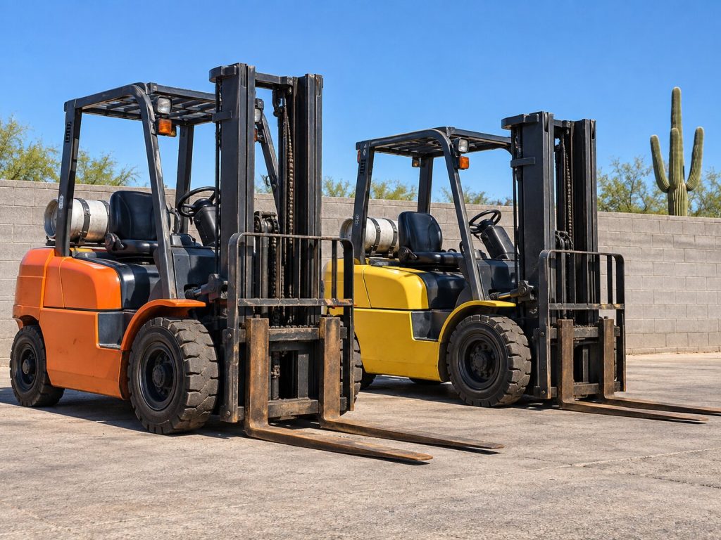Two used propane forklifts, one orange and one yellow, parked side by side on an outdoor equipment lot in Phoenix